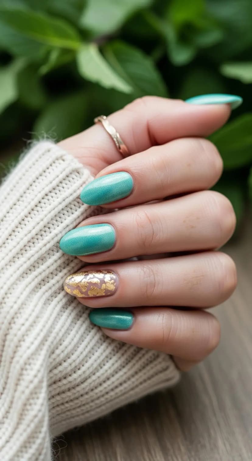 Teal Shimmer French Tip + Gold Leaf Accent