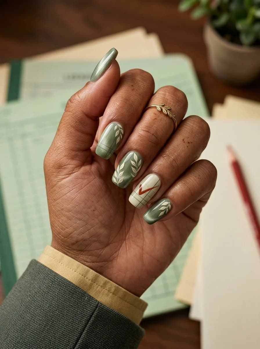 Green nails with a delicate leafy pattern for an early-fall manicure