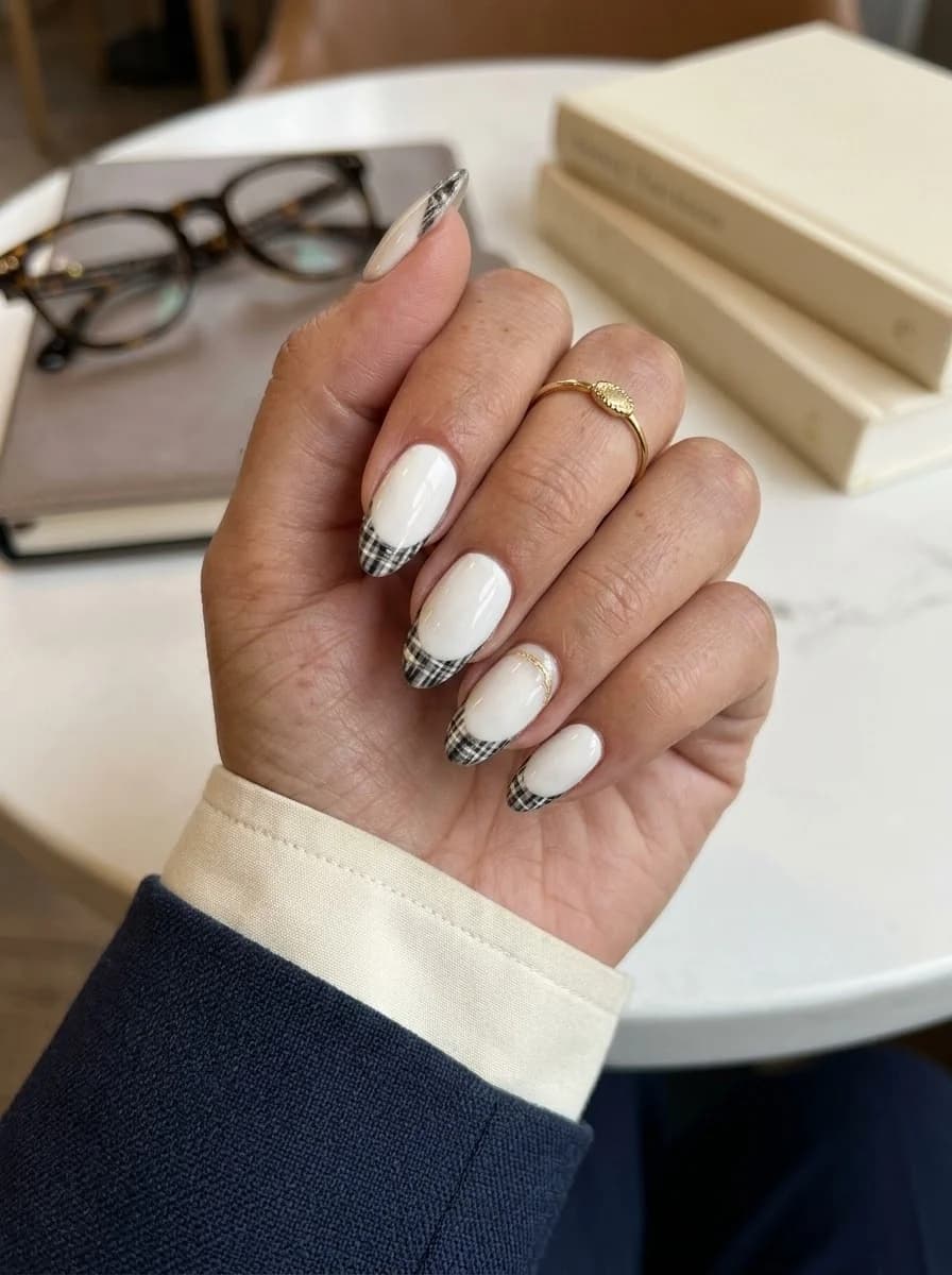 Creamy white nails with a soft plaid pattern accent