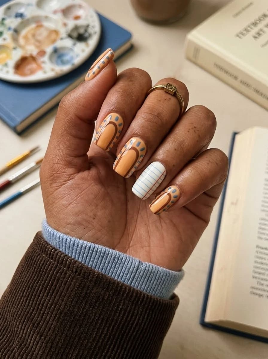 Bright orange manicure with blue dot accents for back-to-school style