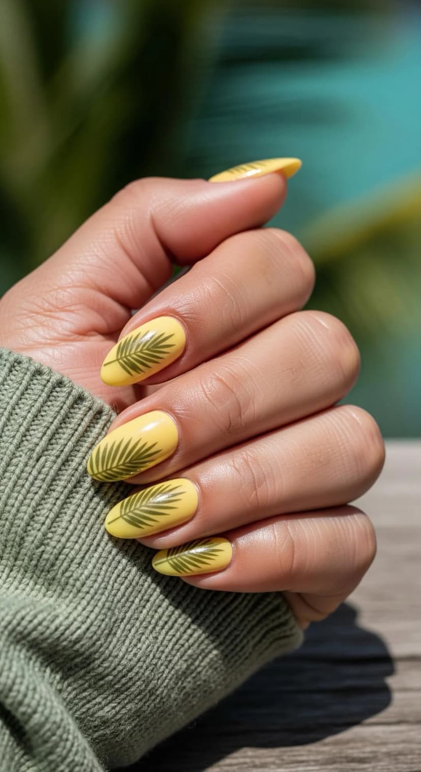 Lemon Yellow Palm Leaf French Tip