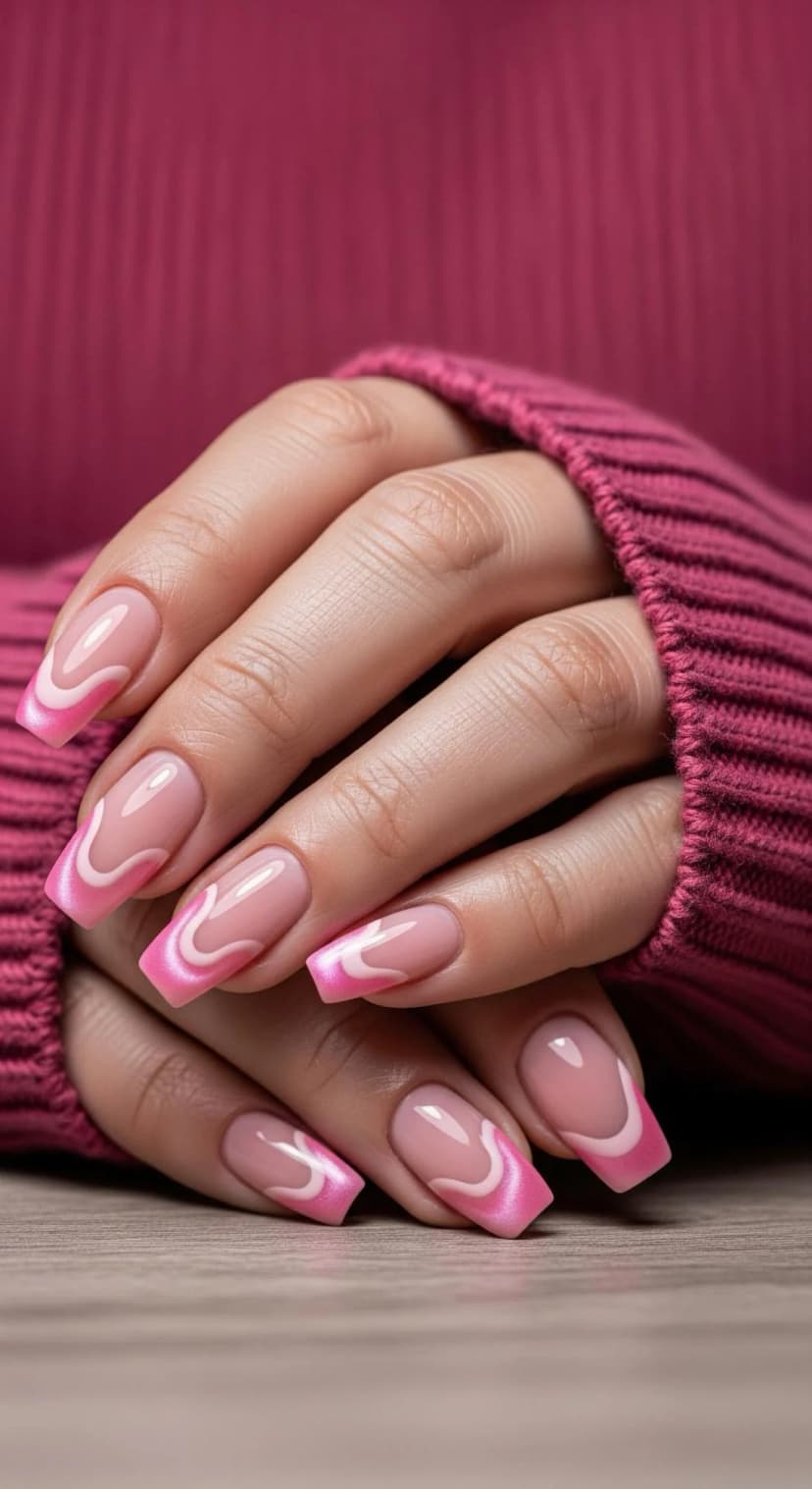 Pink Metallic French Tip + Swirl Accent