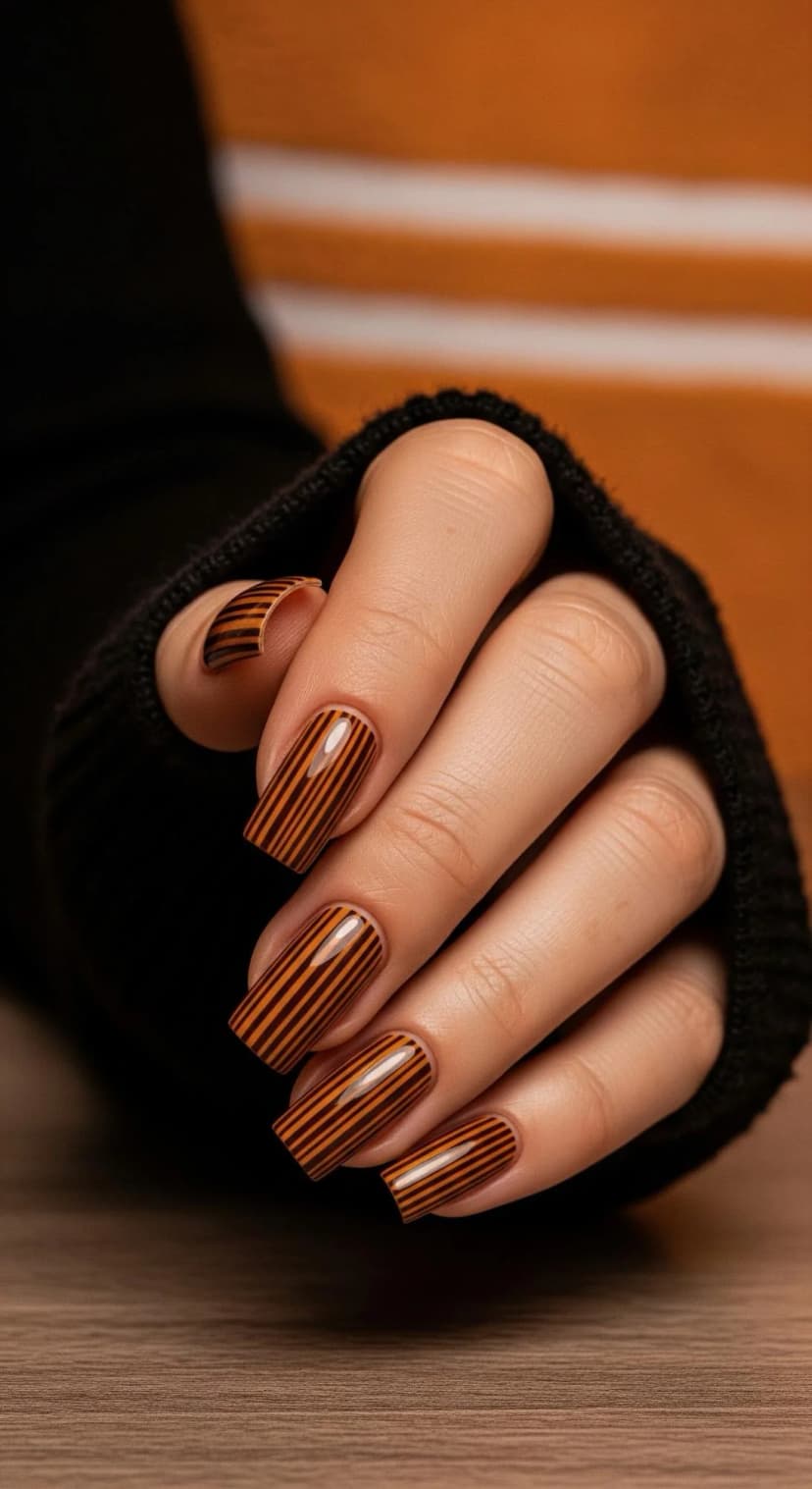 Orange and Brown Striped Glossy Square Nails