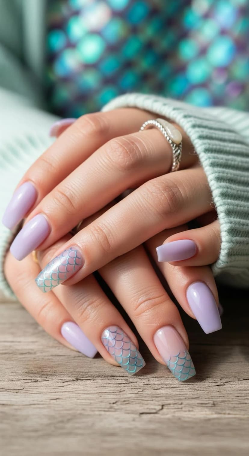 Lavender French Tip Ombre + Mermaid Scale Accent