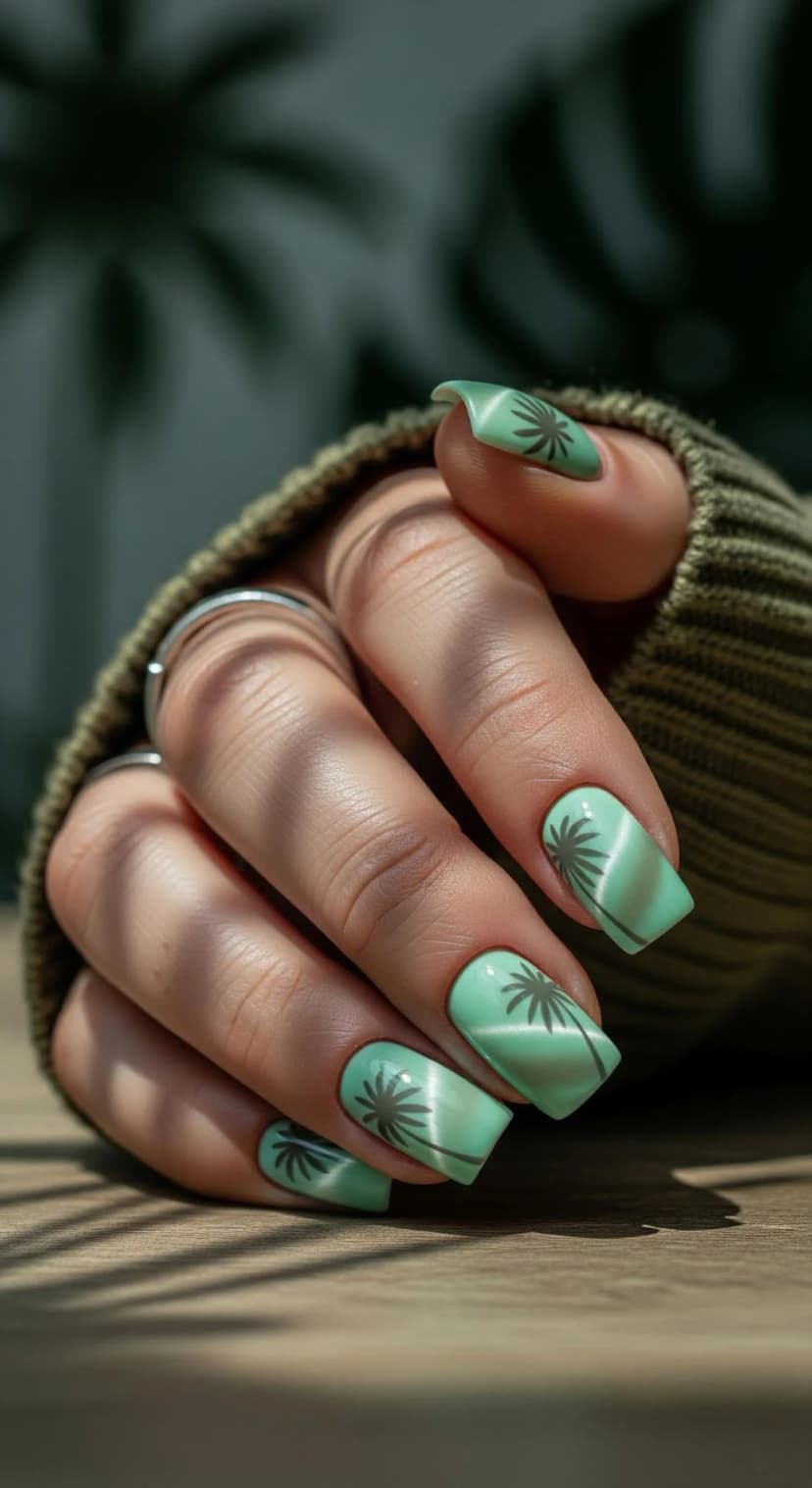 Mint Green Cat-Eye Palm Tree Nails