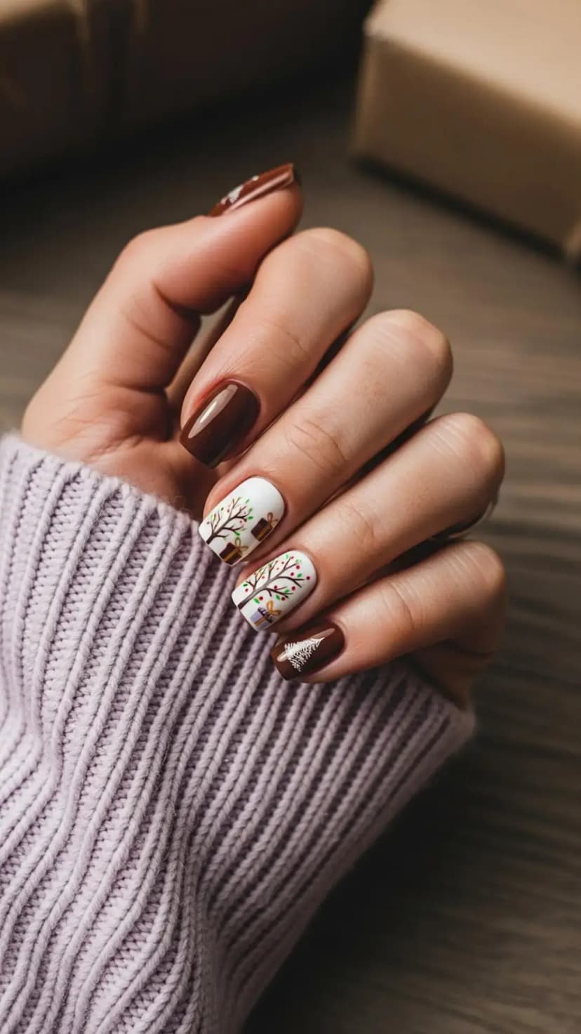 Cozy Brown Christmas Tree & Gifts Nails