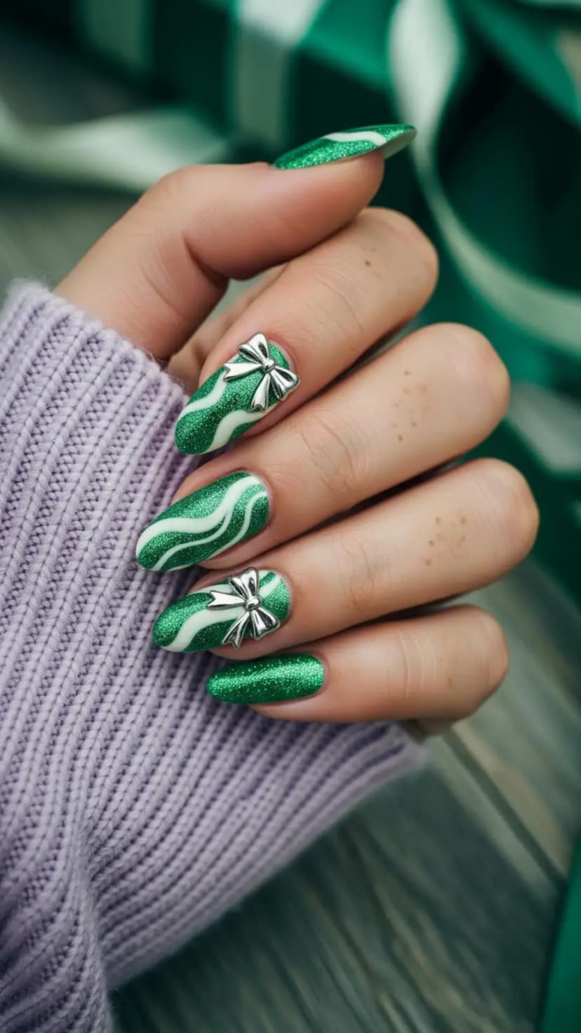 Sparkling Green Gift Bow Nails