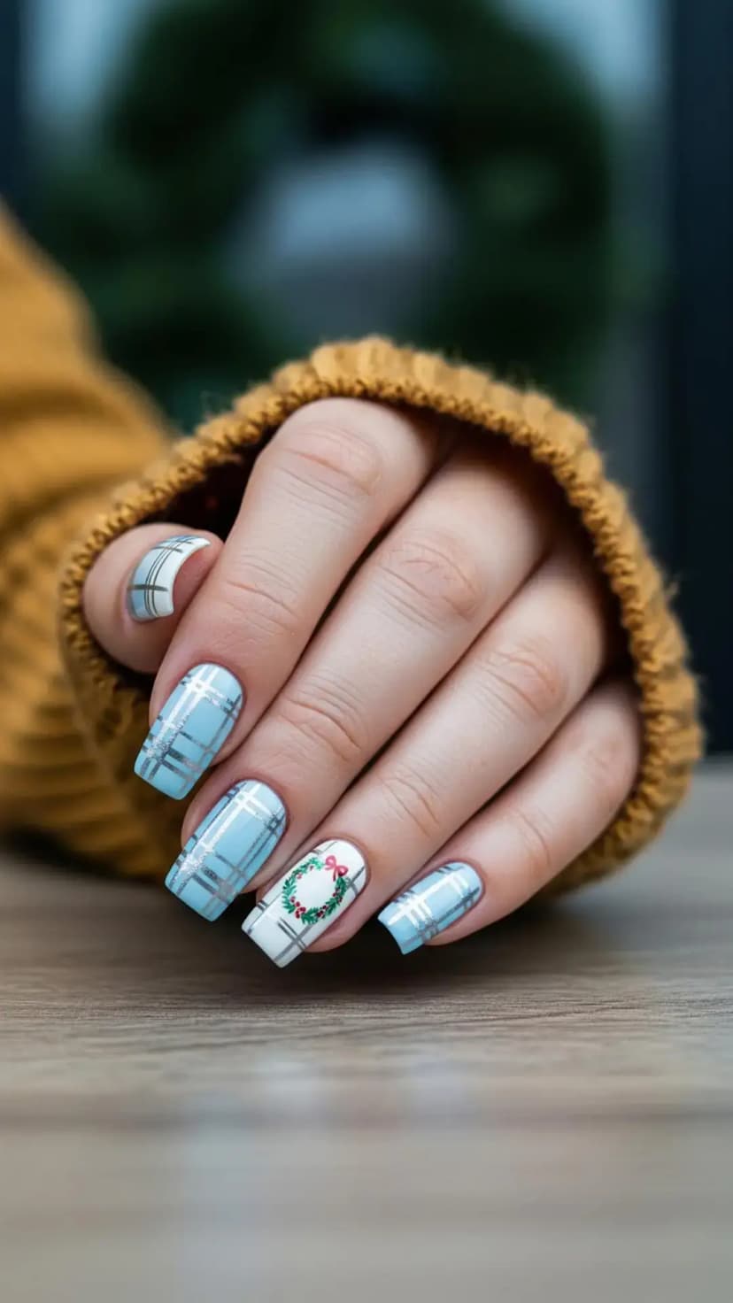 Blue Plaid & Christmas Wreath Nails