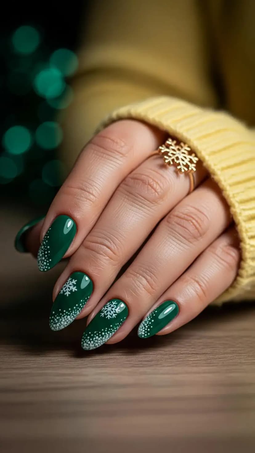 Deep Green Snowfall Christmas Nails