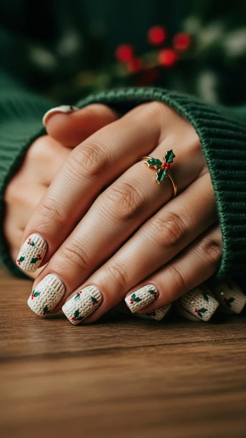Knitted Holly Sweater Christmas Nails