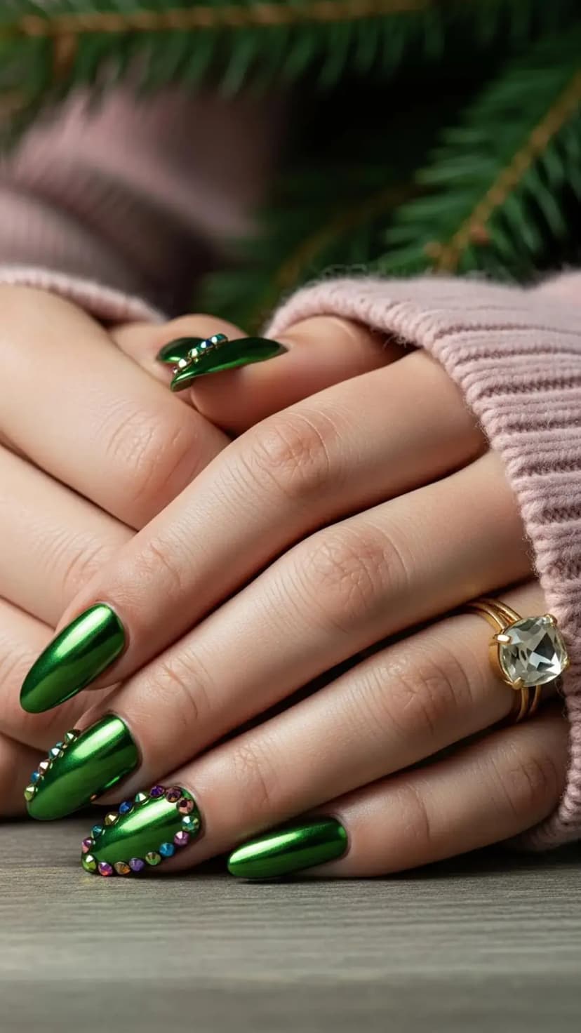 Emerald Chrome Jewel Christmas Nails