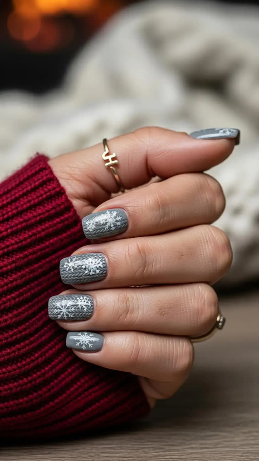 Grey Knitted Snowflake Winter Nails