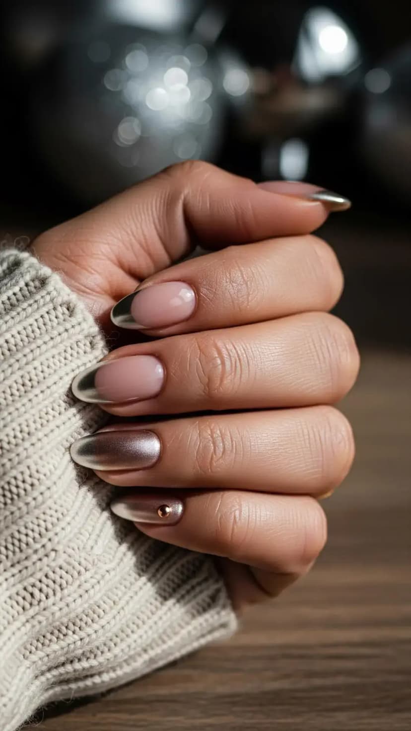 Soft Nude & Metallic French Christmas Nails