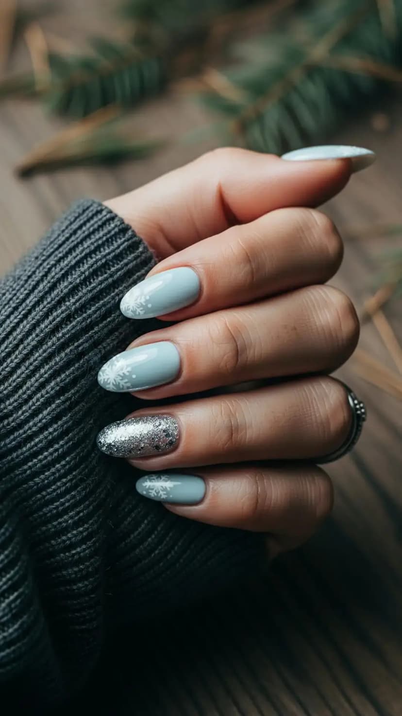 Icy Blue Snowflake & Glitter Nails