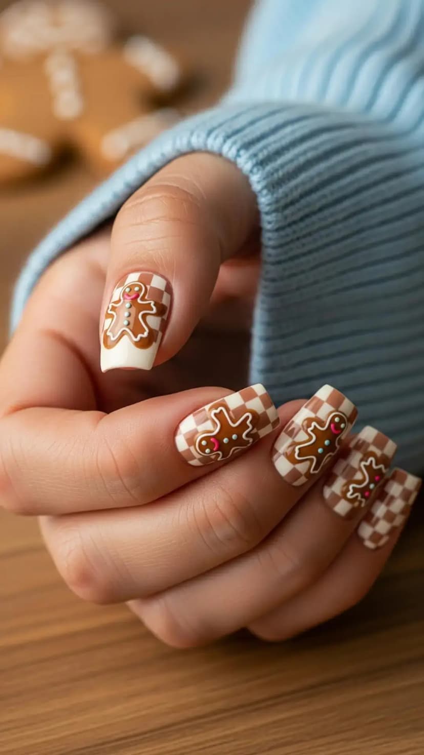 Gingerbread Checkered Nails