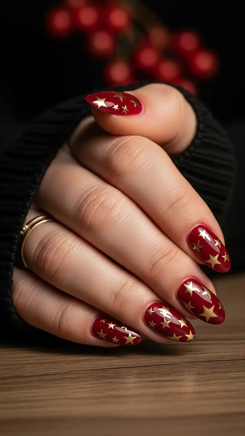 Red & Gold Starry Christmas Nails