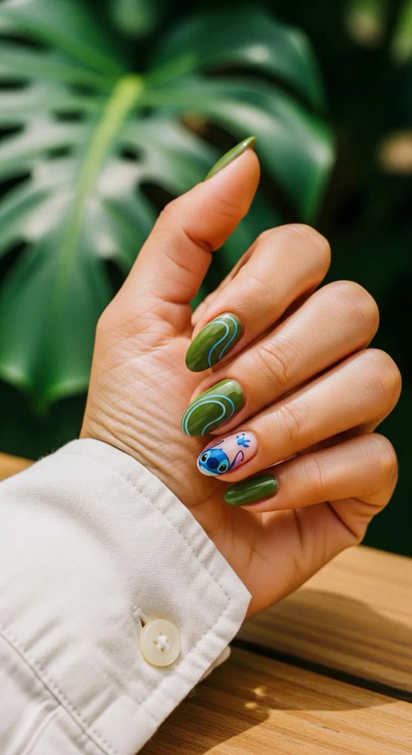 Olive Green Swirl + Stitch Character Art