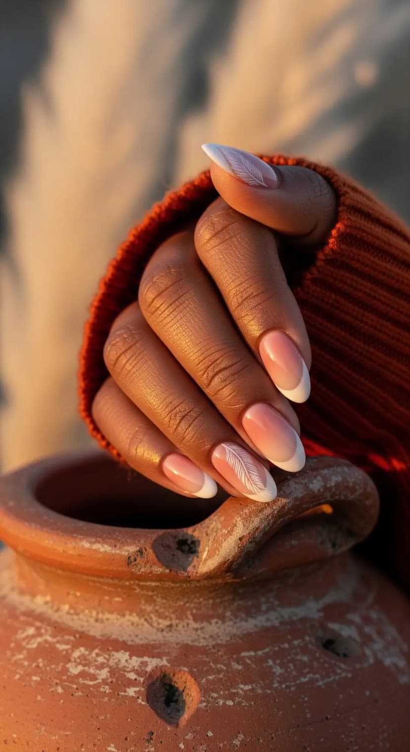 French Tip Ombre + Feather Detail