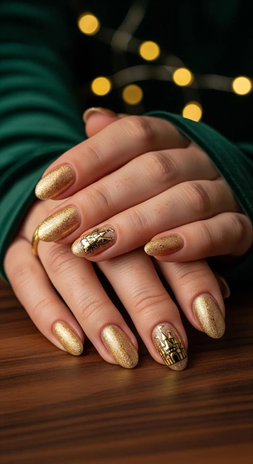 Gold Glitter Nails + Castle Accents