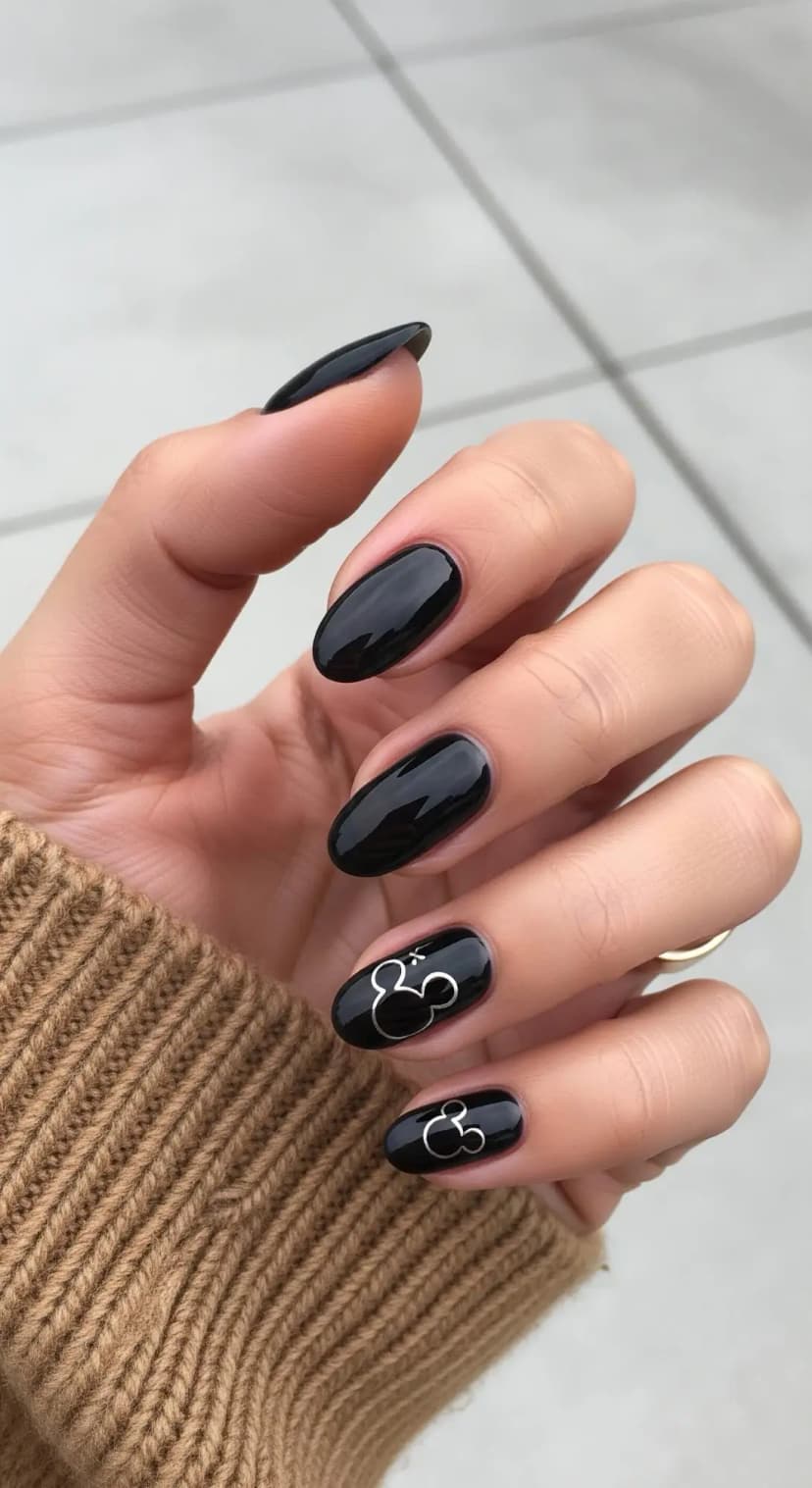 Glossy Black Oval + Silver Mickey Mouse Outline