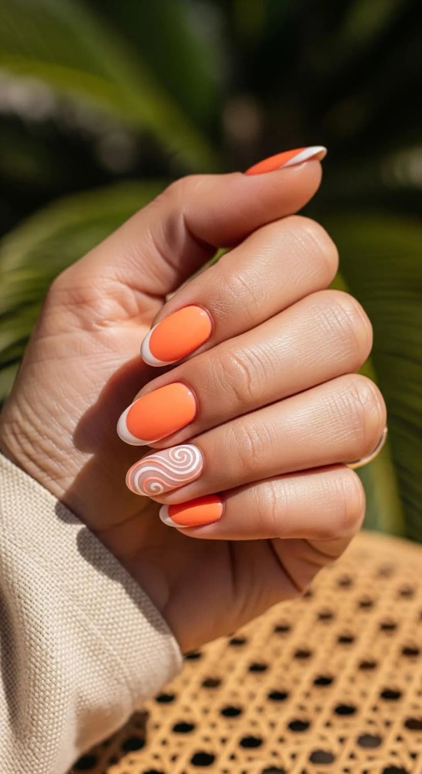 Bright Orange French Tip + Swirl Accent