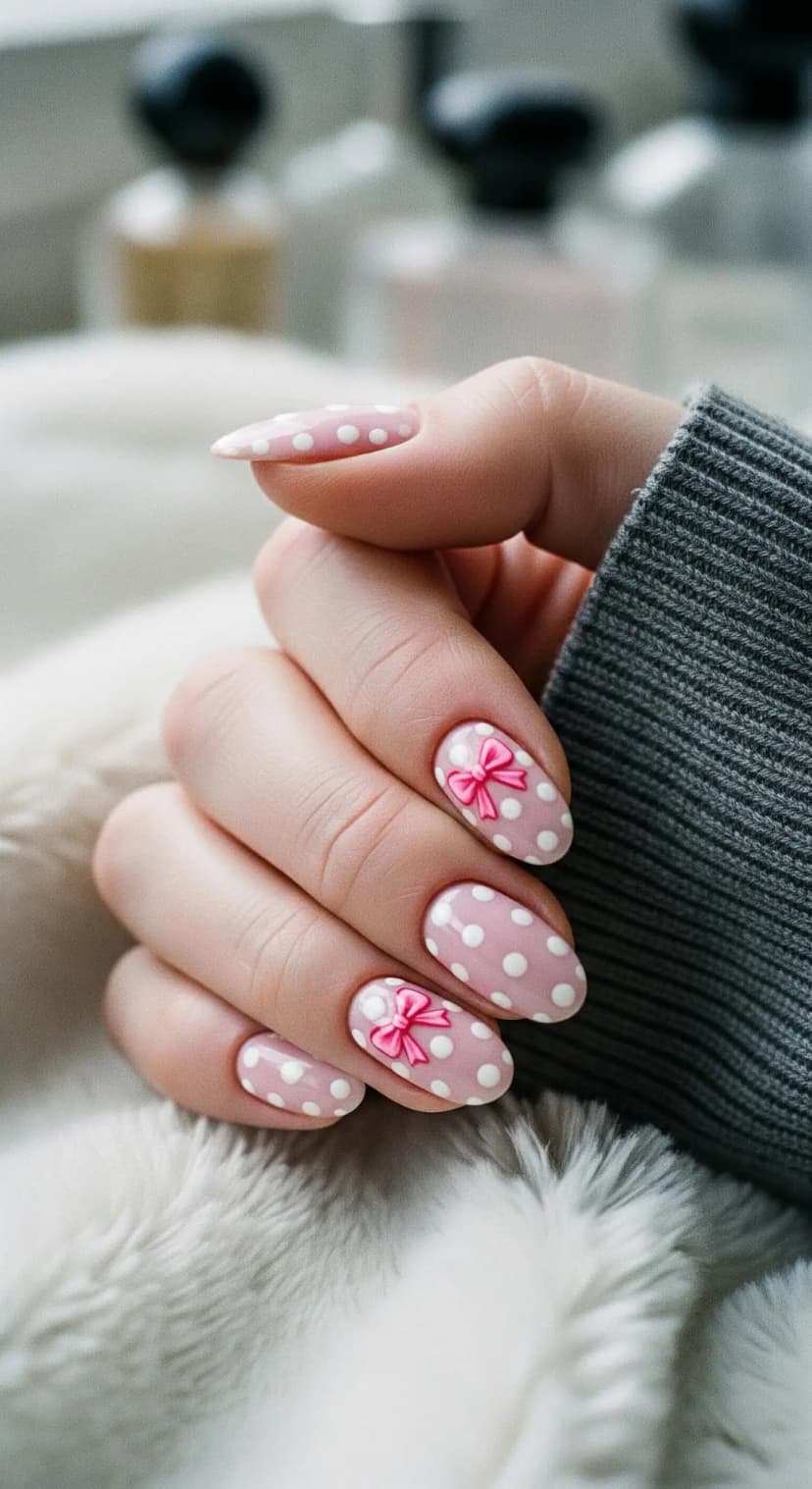 Pale Pink Polka Dot Bow Nails