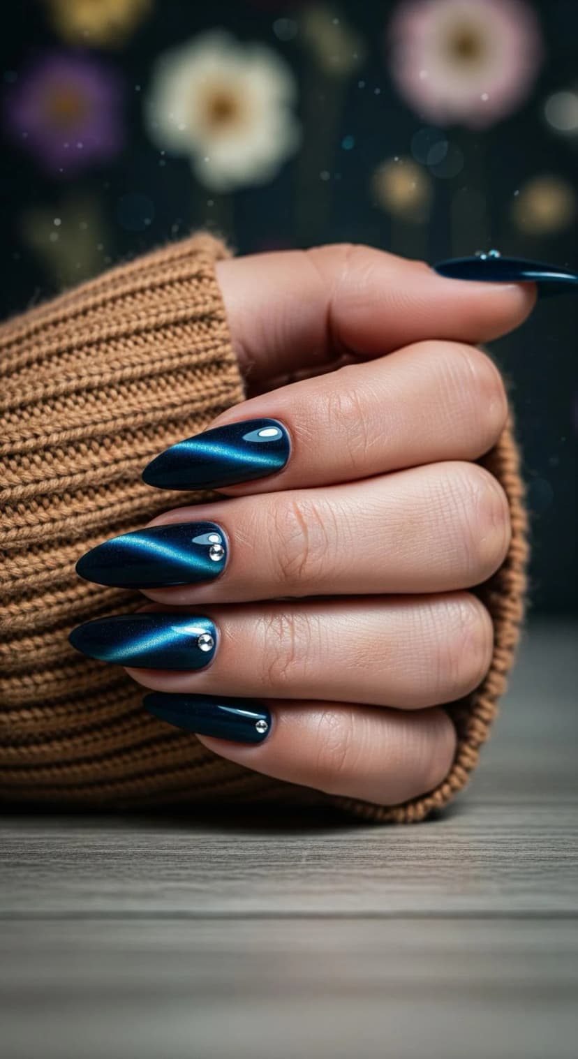 Teal Cat-Eye Nails with Rhinestone Accents