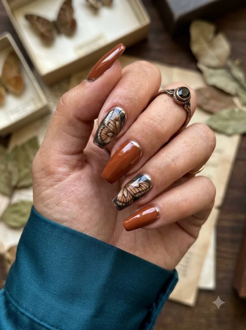 Terracotta Butterfly Wing Chrome Nails