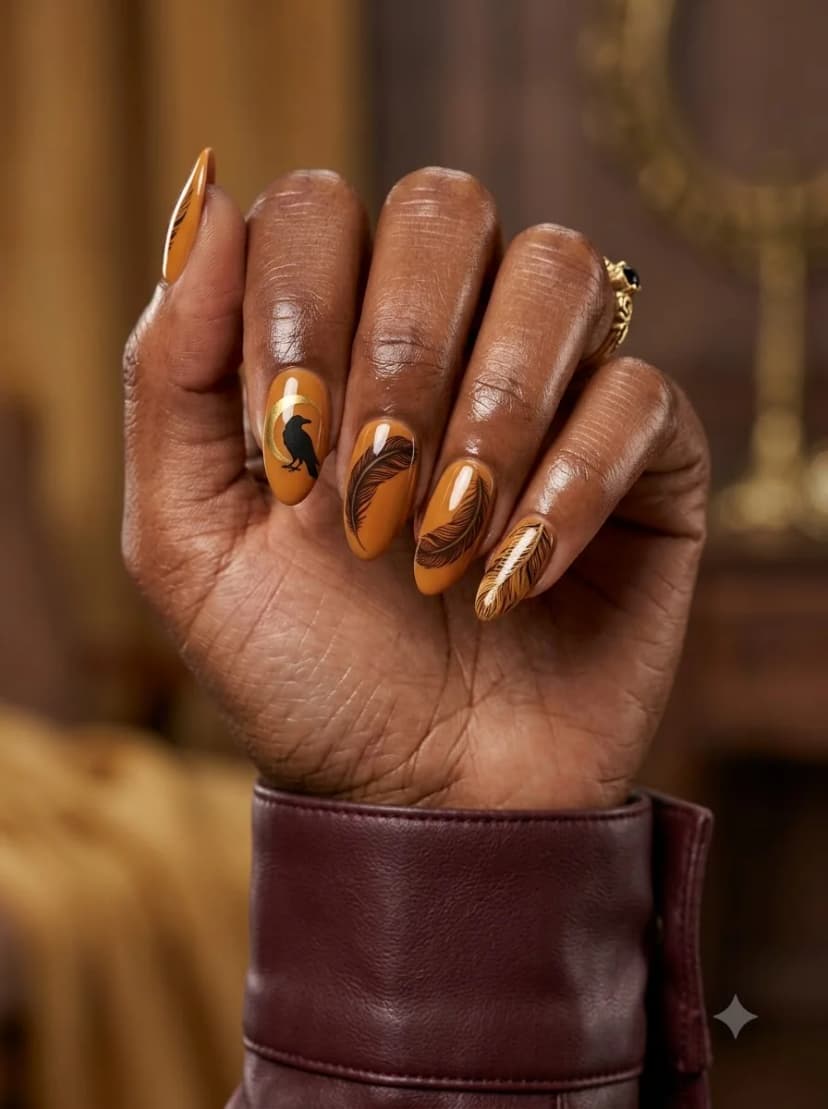 Mustard Orange Crow Feather Nails