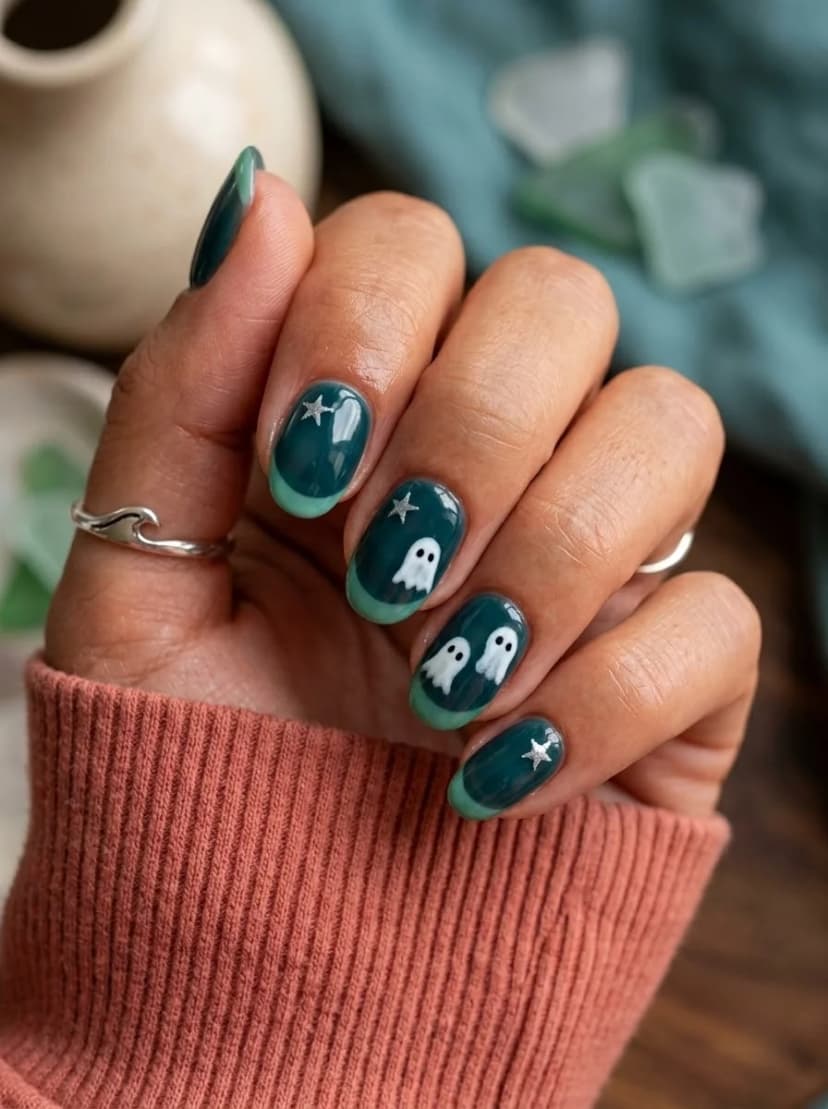 Teal Ghost Star French Tip Nails