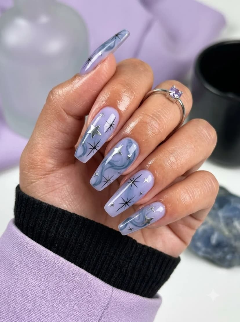 Lavender Smoky Marble Mixed-Star Nails