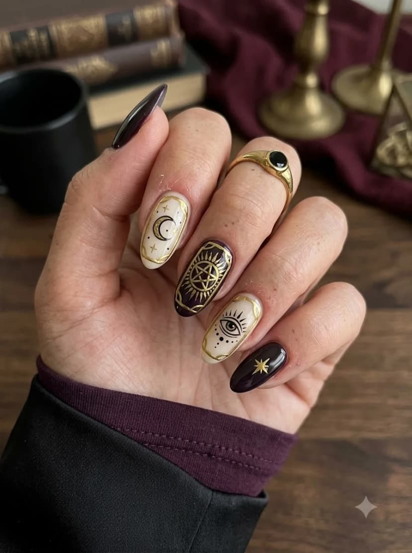Cream Dark Purple Occult Symbol Nails