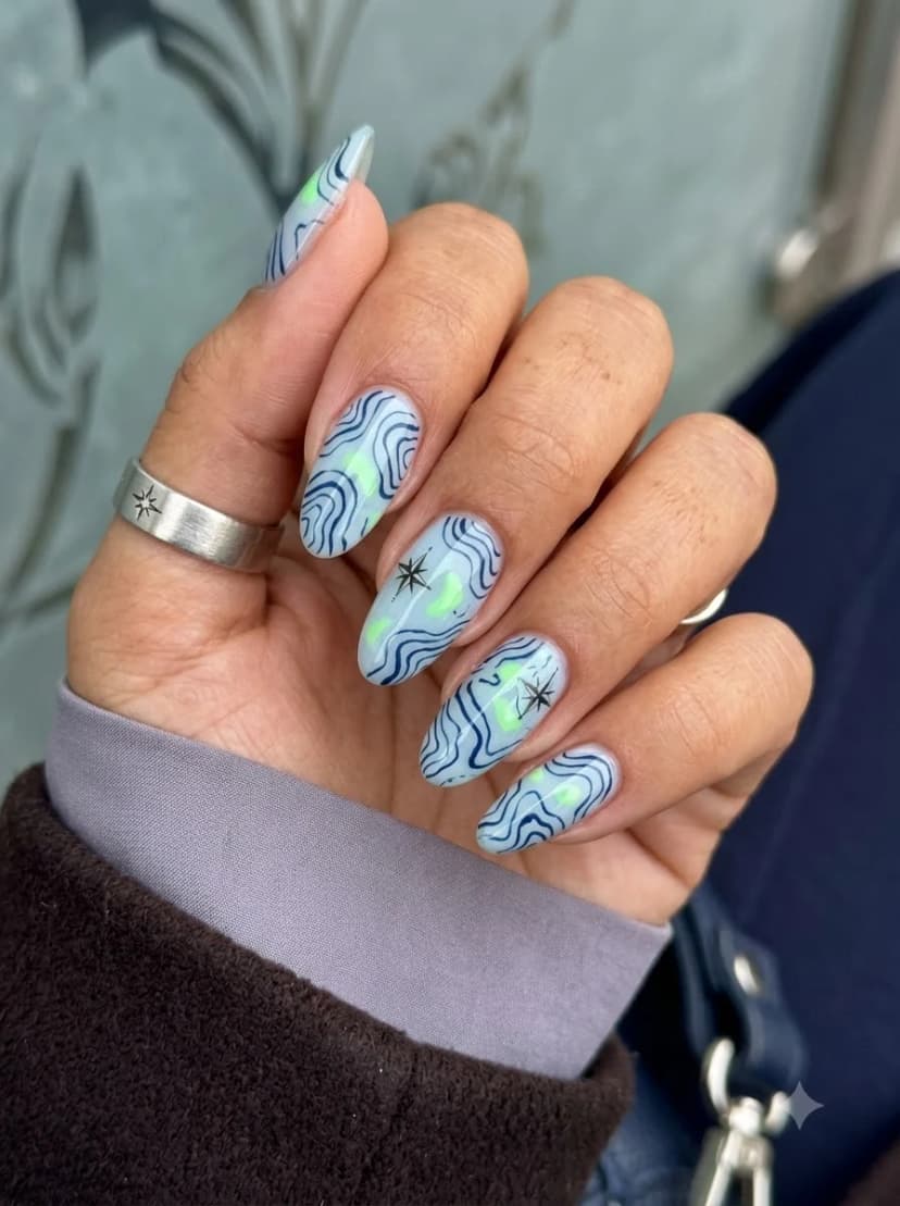 Light Blue Topographic Lime Starburst Nails