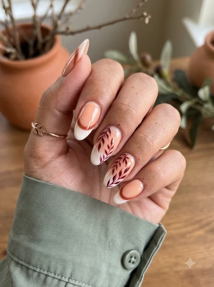 Nude French Tip Leaf Art Nails