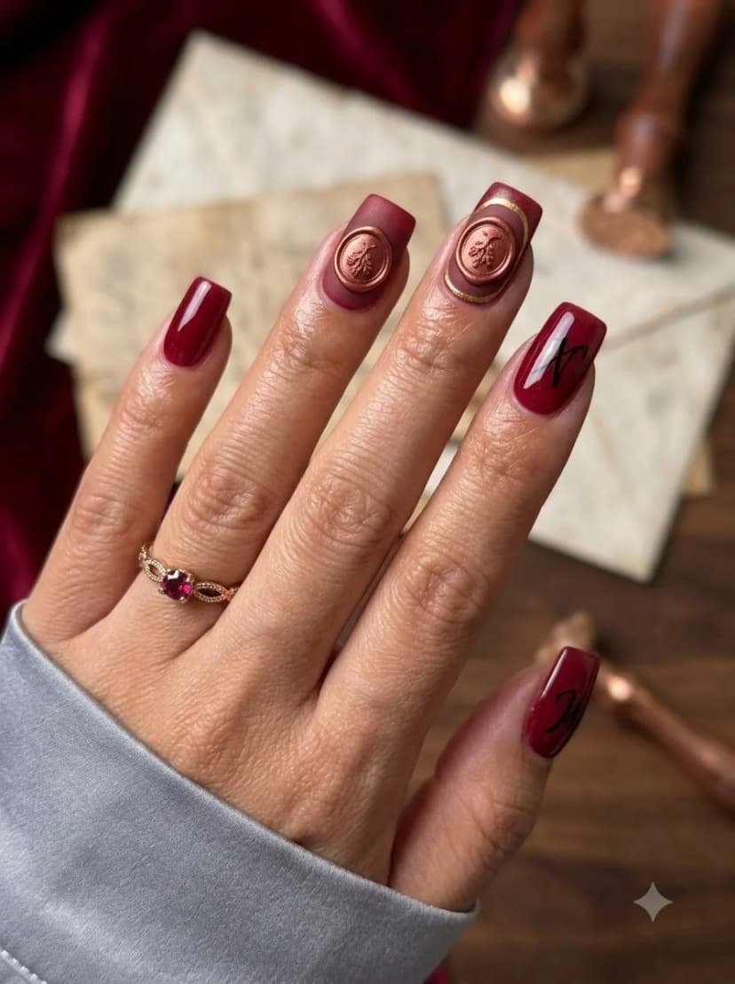 Dark Red Copper Wax Seal Nails