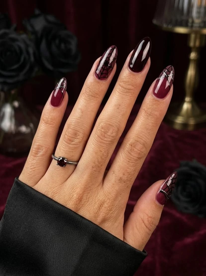 Deep Burgundy Spiderweb Detail Nails