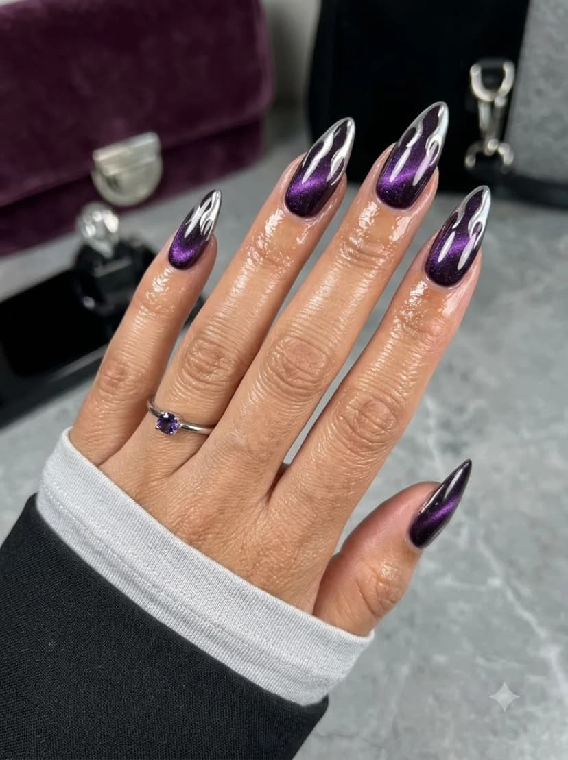 Purple Cat-Eye Chrome Flame Tip Nails