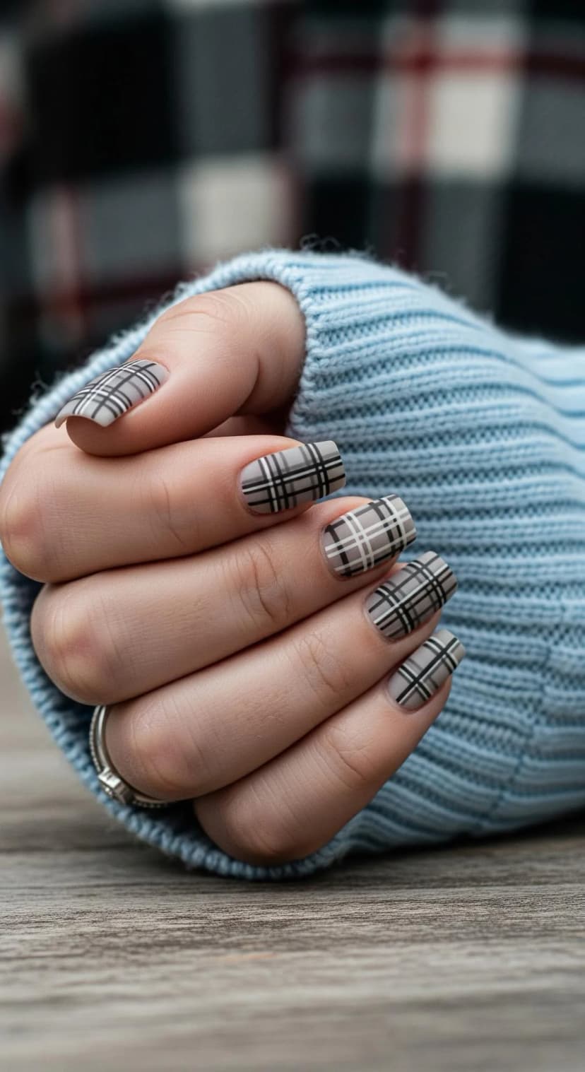 Grey Plaid Nails (Winter Chic & Minimal)
