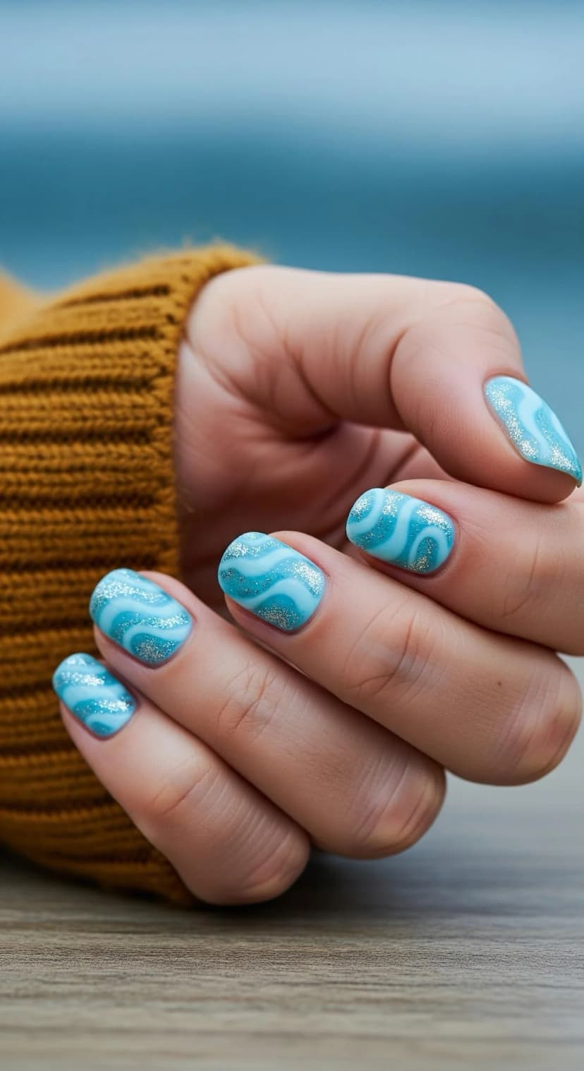 Turquoise Wave Nails with Silver Sparkle
