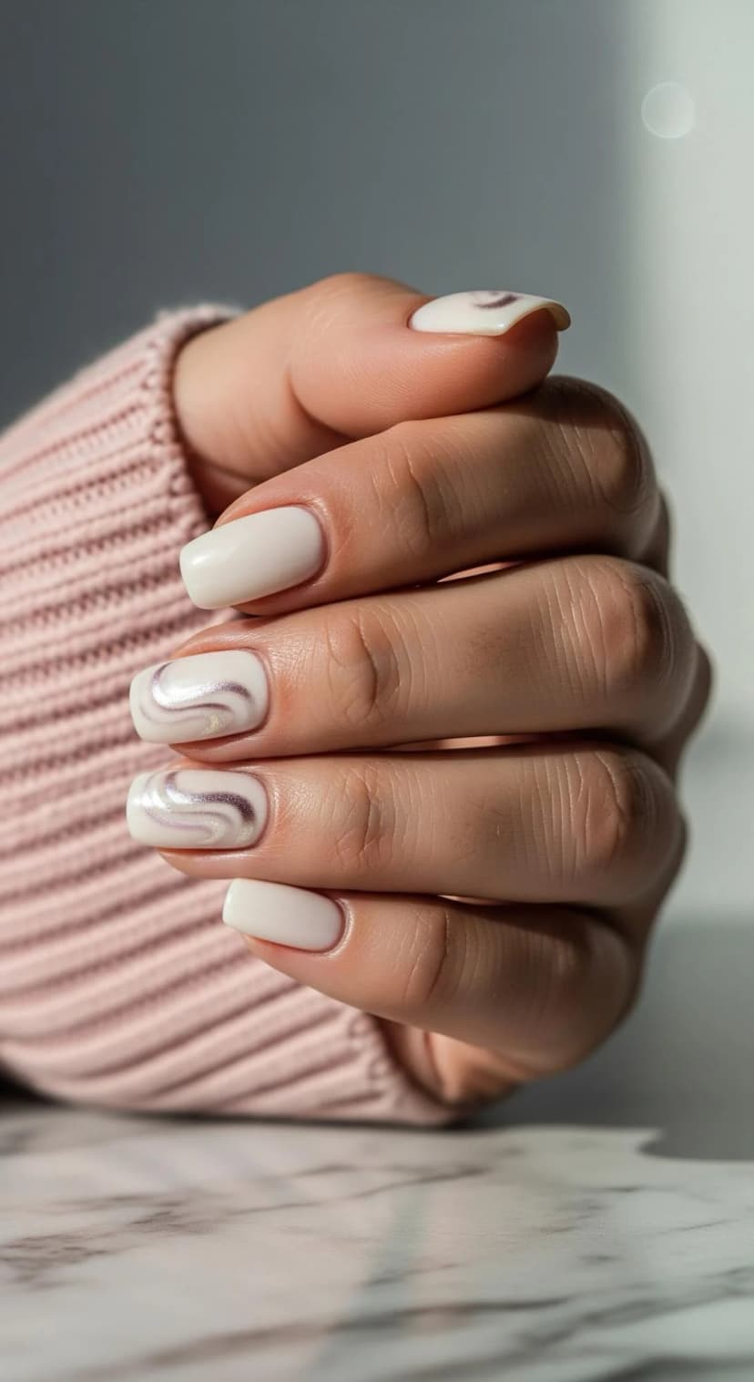 Cream Matte Nails with Metallic Swirl Accents