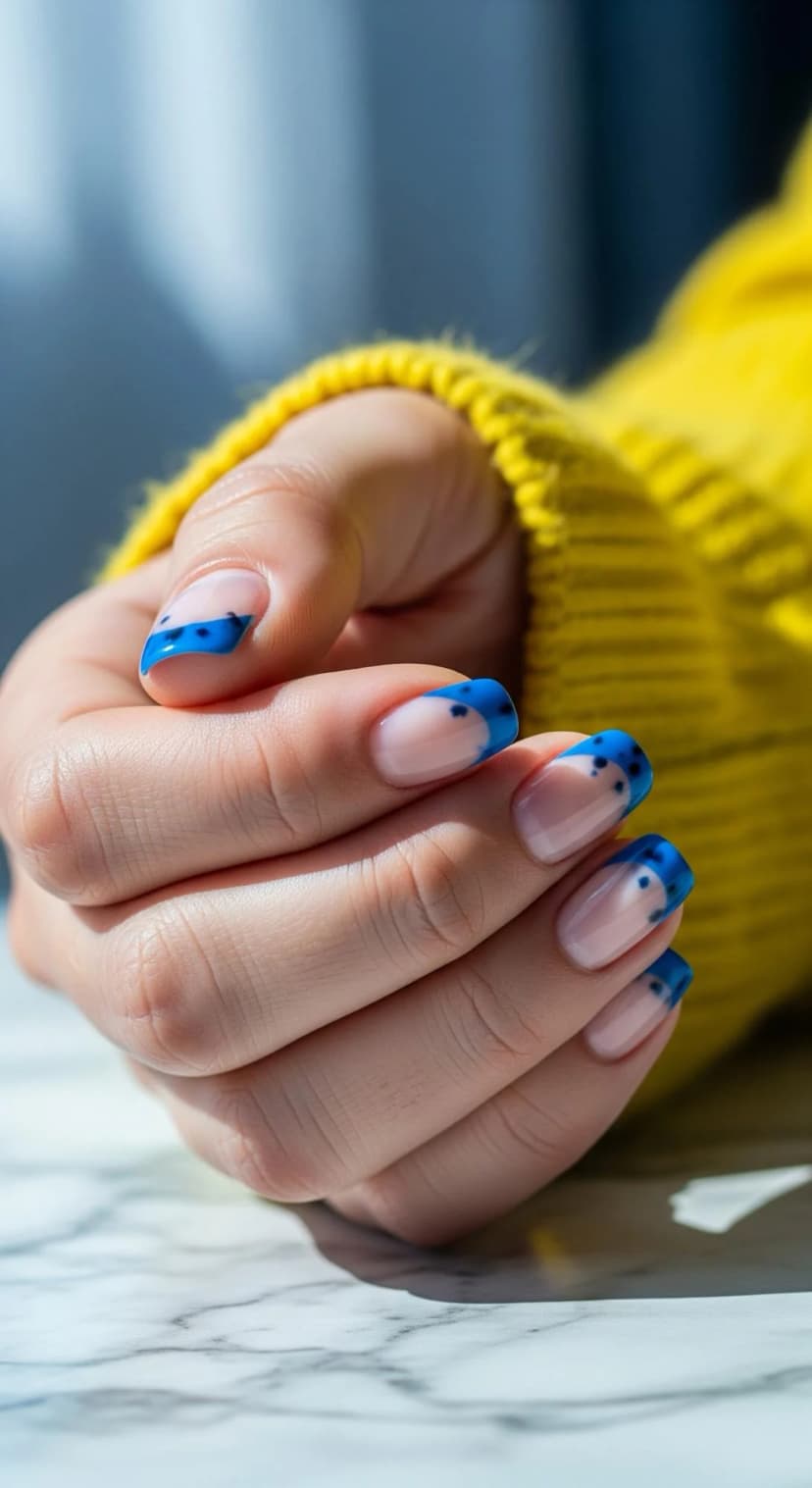 Blue French Tip Nails with Playful Dot Details