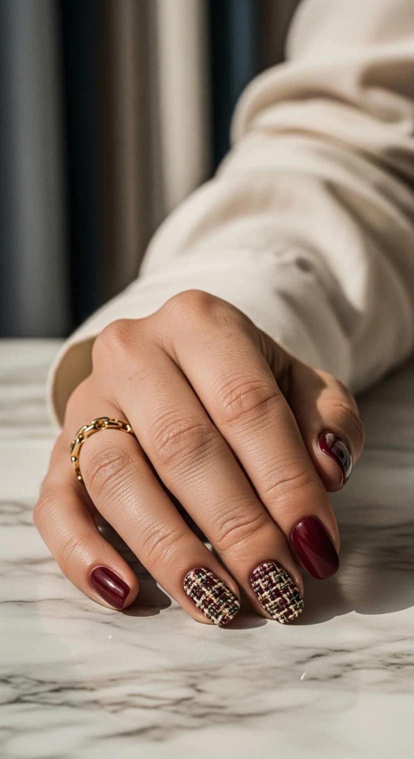 Soft Cream Nude Nails with Black Sequin-Inspired Accents