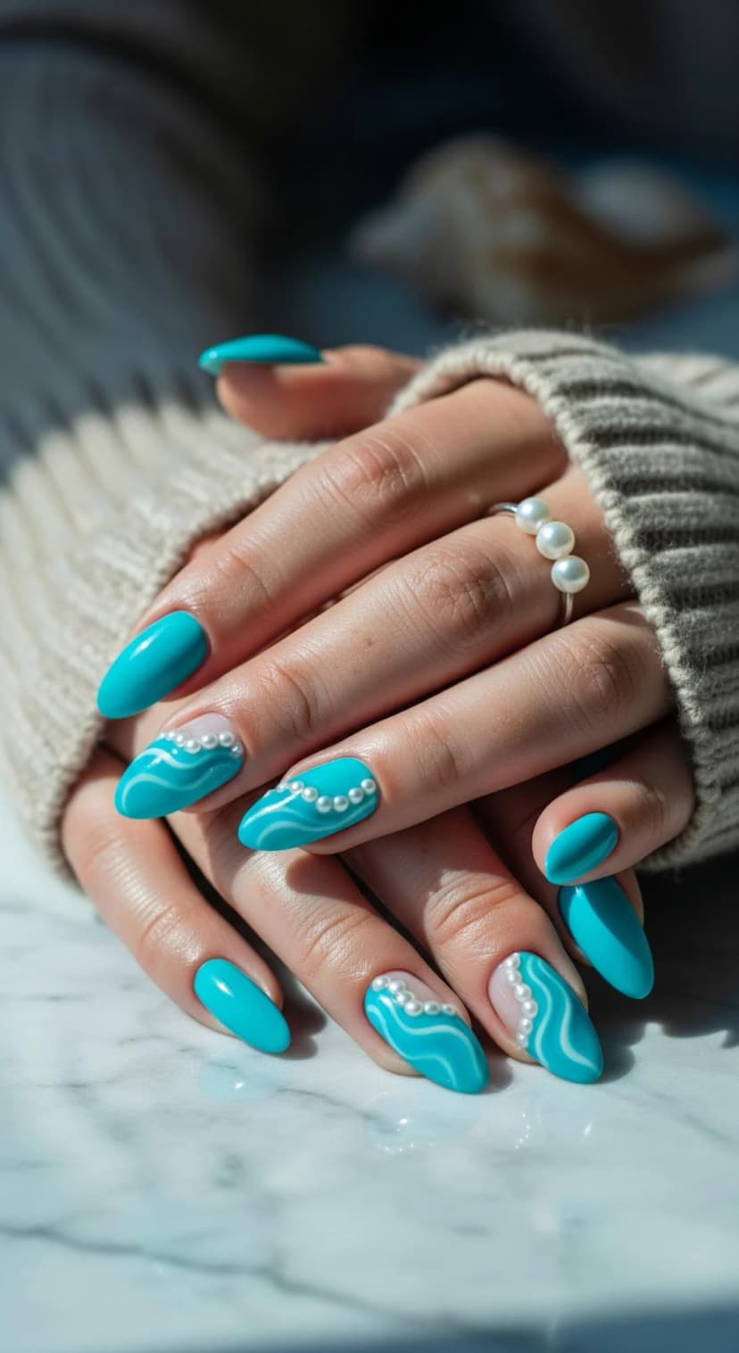 Turquoise Wavy Nails with Pearl Accents