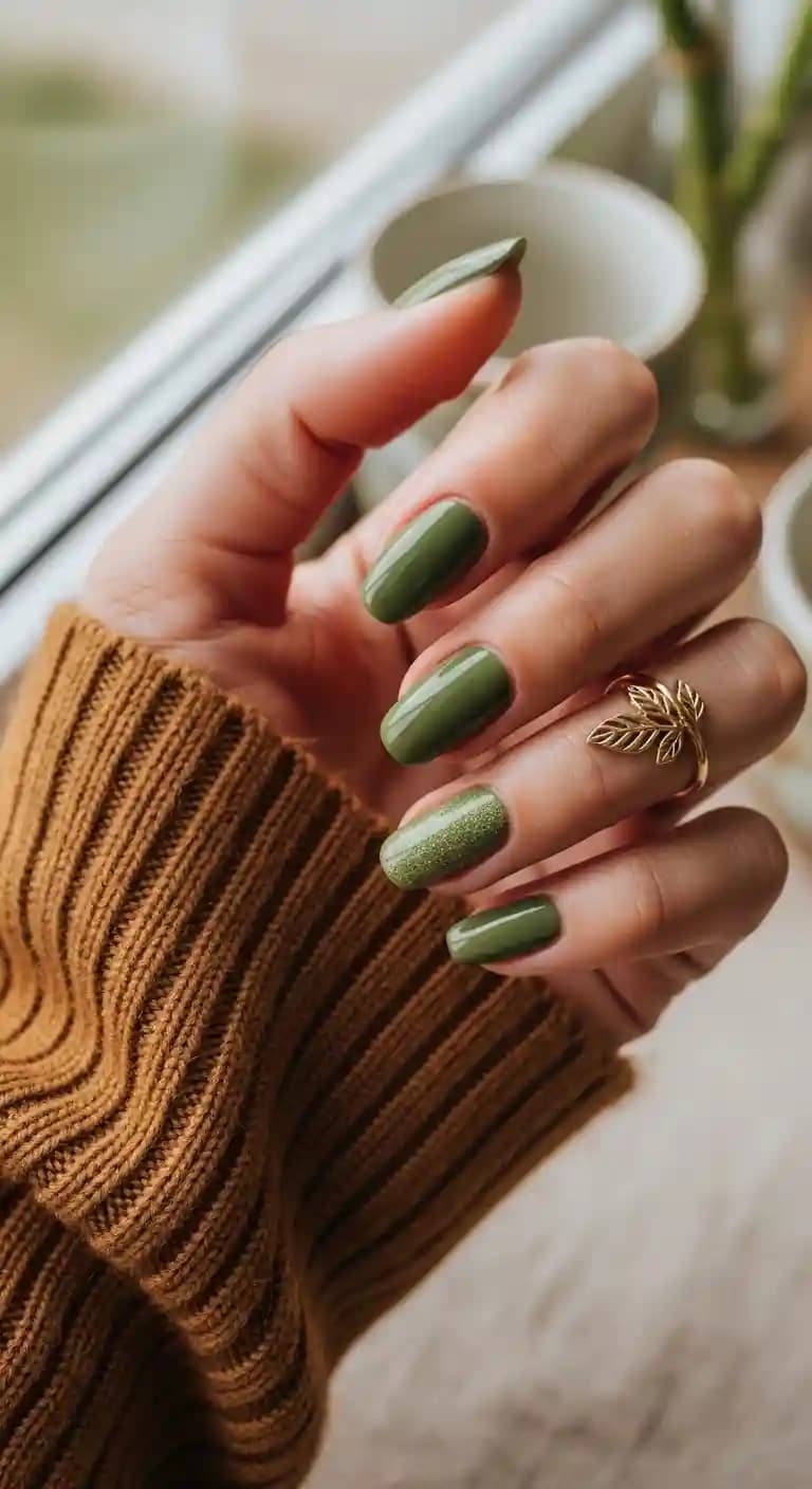 Olive Green Shimmer + Matte Nails