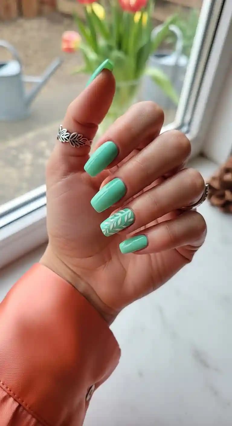Mint Green Leafy French Tip