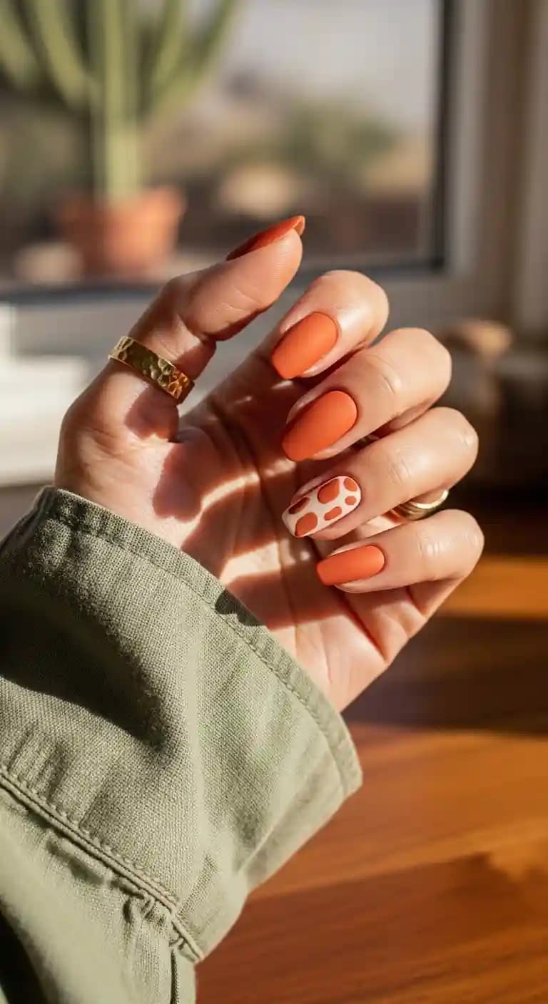 Orange Matte Nails + Cow Print Accent Nail