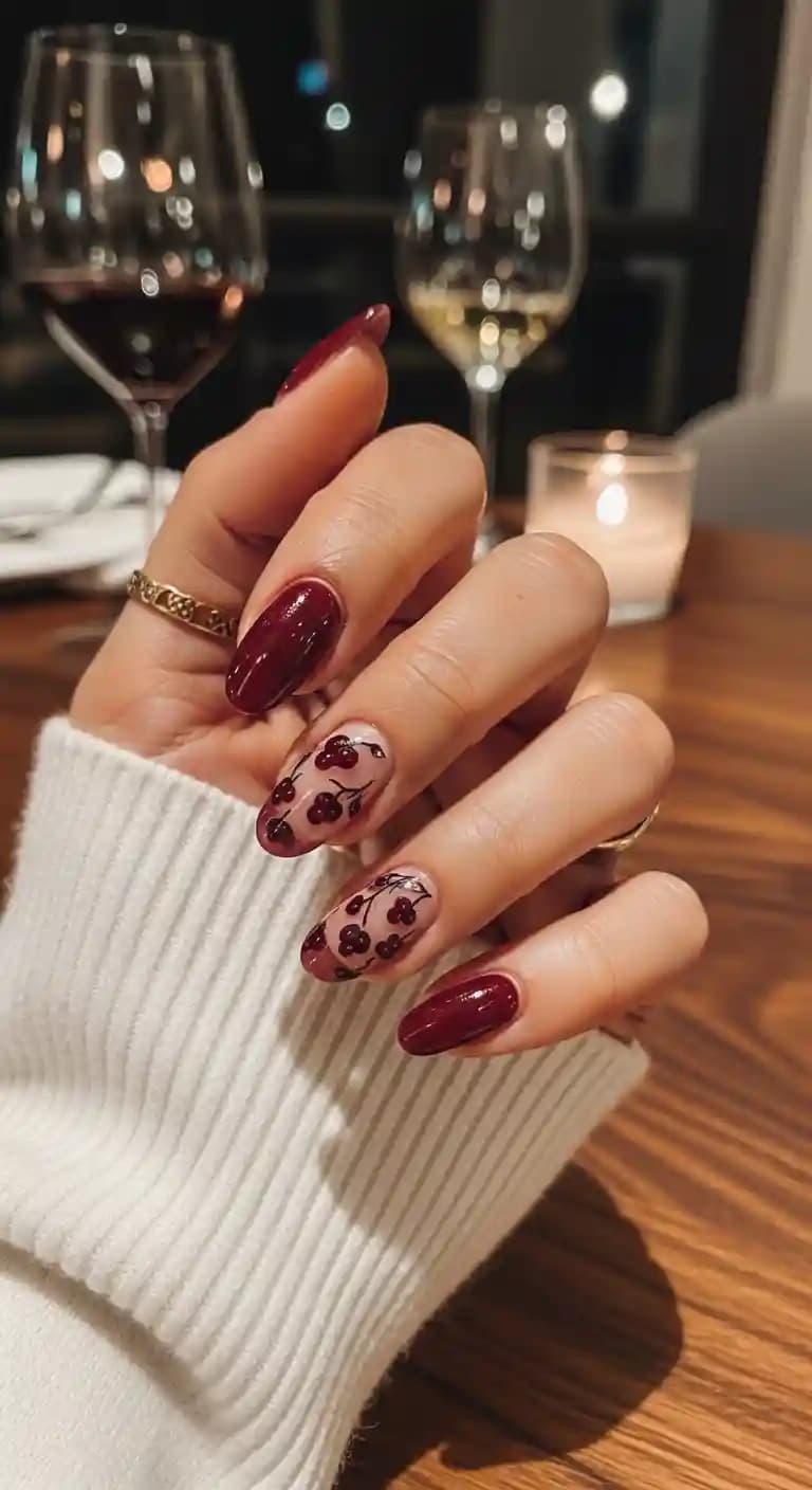 Deep Burgundy Cherry Blossom Nails
