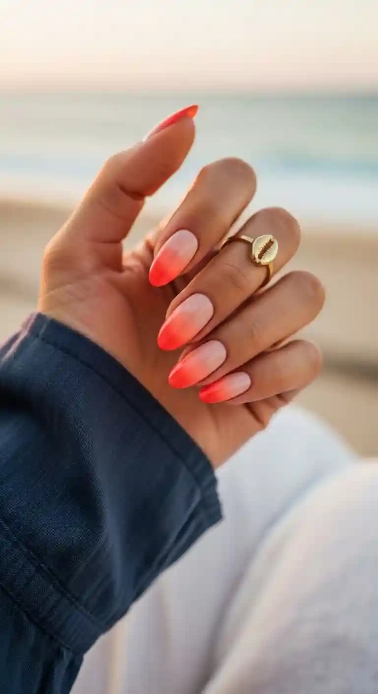 Peach and Coral Ombre Almond Nails