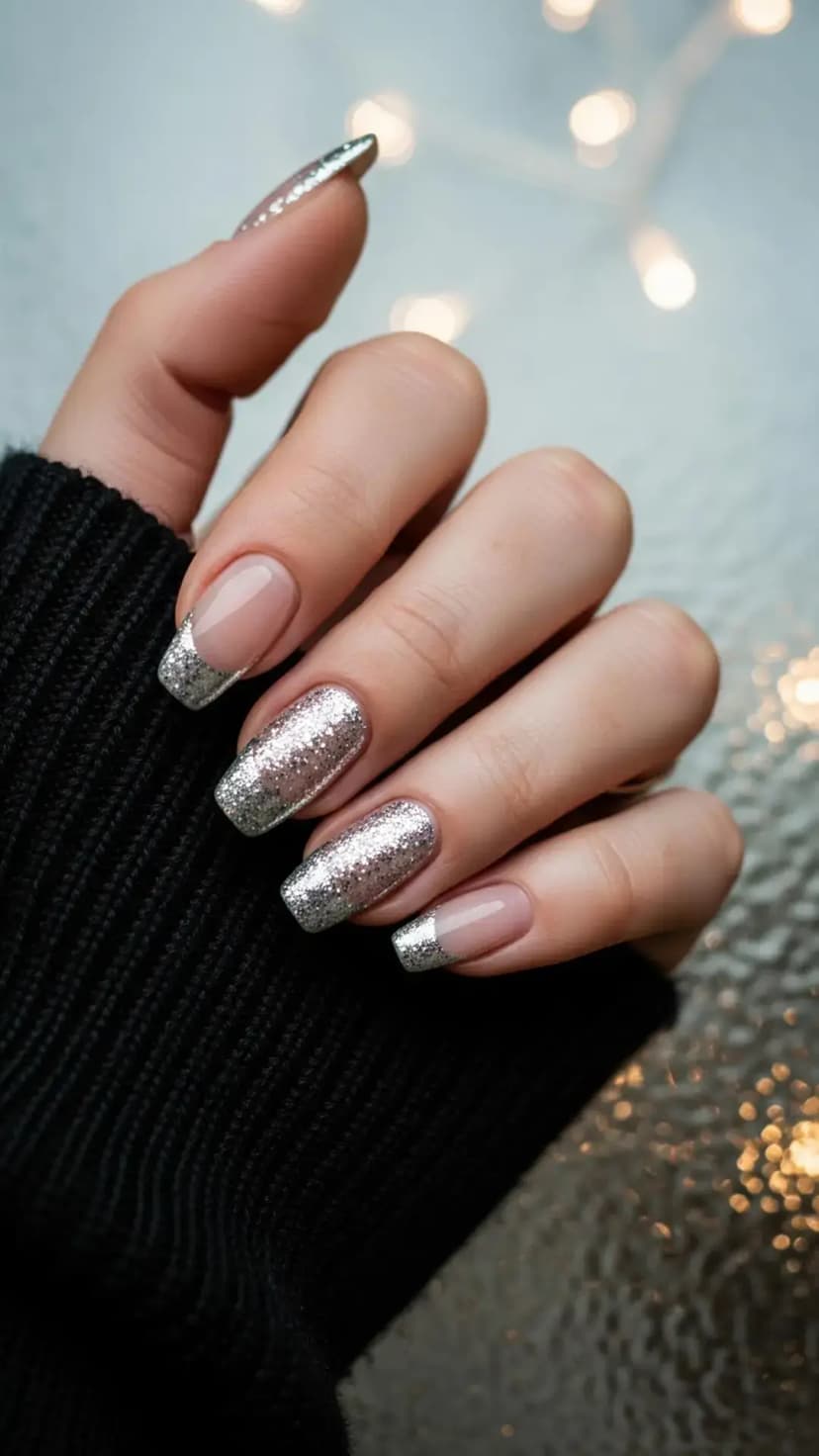Silver Glitter French Tip New Year Nails