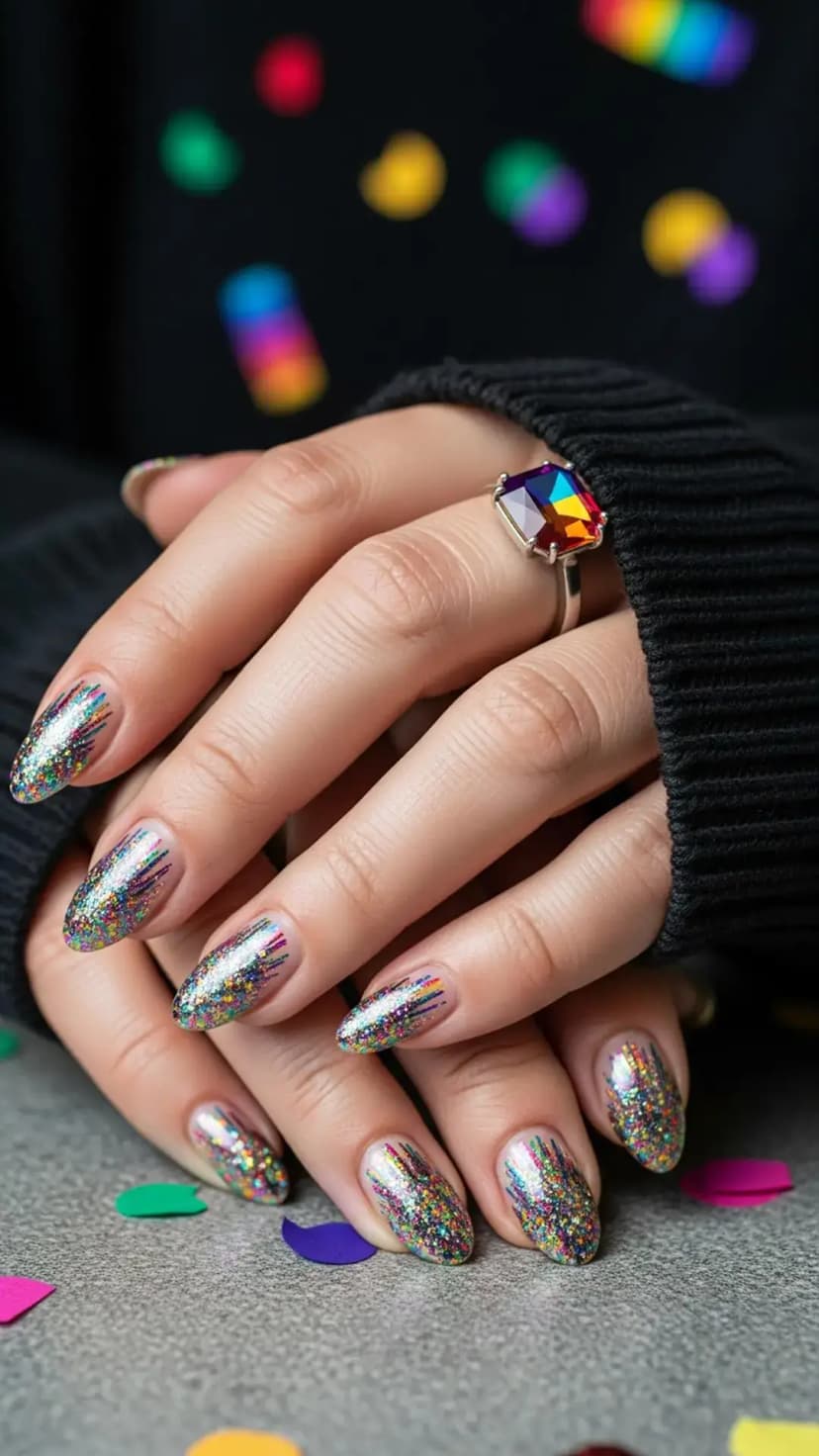 Rainbow Confetti Glitter New Year Nails
